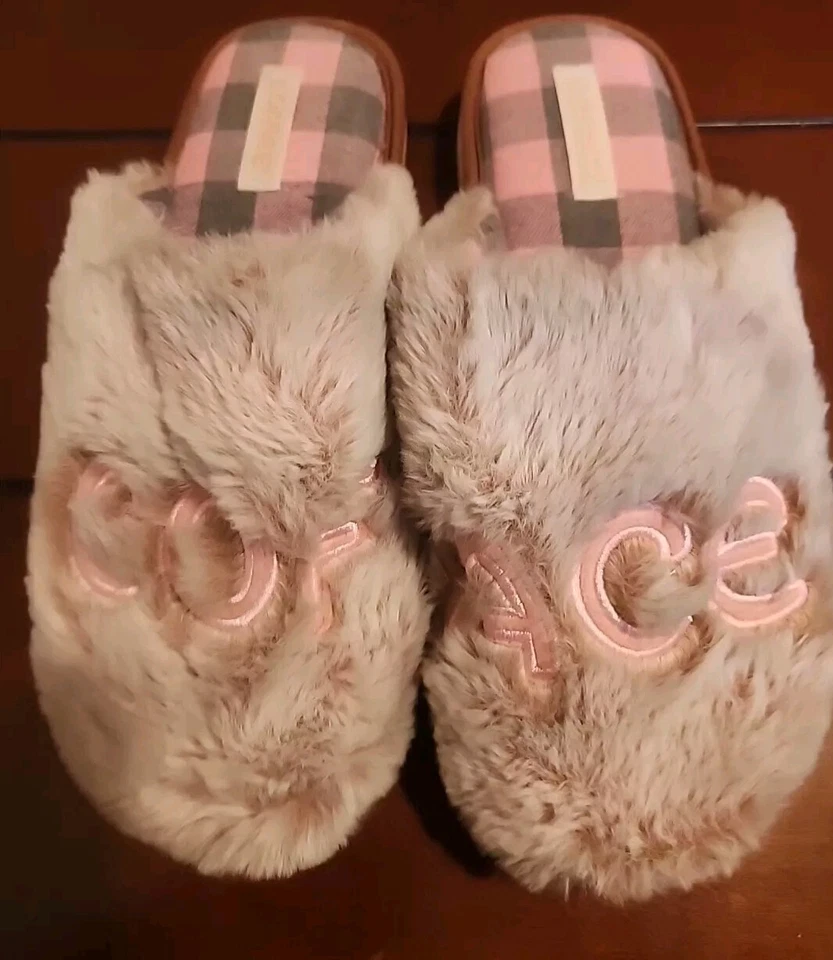 Zapatillas para mujer Coface rosa/gris a cuadros talla 11 usadas ajuste extra ancho. Fuzzy Foto 2 de 4