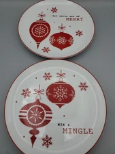 2 Macys The Cellar Holiday Christmas  Plates 8.75" Mix Mingle Merry Red & White