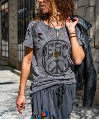 CCK Style Anthracite 'Peace' Bedazzled Distressed Tee Women's Size Medium