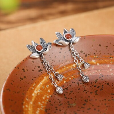 I02 Earrings Lotus Flower Red Agate Tassels with Buds Silver 925