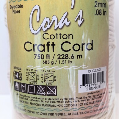 Cora's Cotton Craft Cord 2mm x 750ft Dyeable Crochet #4 Medium Weave Macrame