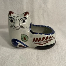 Vtg Tonala Mexican Folk Art Ceramic Pottery Cat Planter/ Trinket Holder