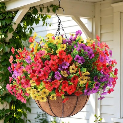 Artificial Flowers Hanging Basket for Outdoor Decoration UV Resistant Silk Fl...