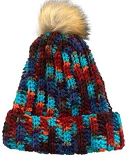 Crochet Ribbed Beanie With Faux Fur Pom Pom - Adult Size Nevada Dusk