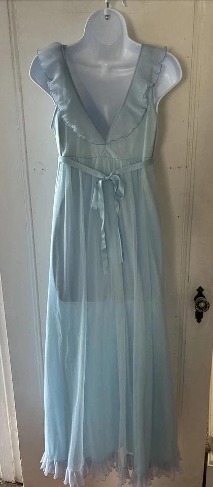 VTG Evette Blue Nightgown Empire Waist Long V Neck Nylon Pleated Trim  SZ SMALL - Image 4 of 4