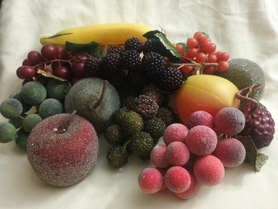 Lot Faux Sugar Candied Fruit Berries Apples Pears Grapes Bananas Qty 13