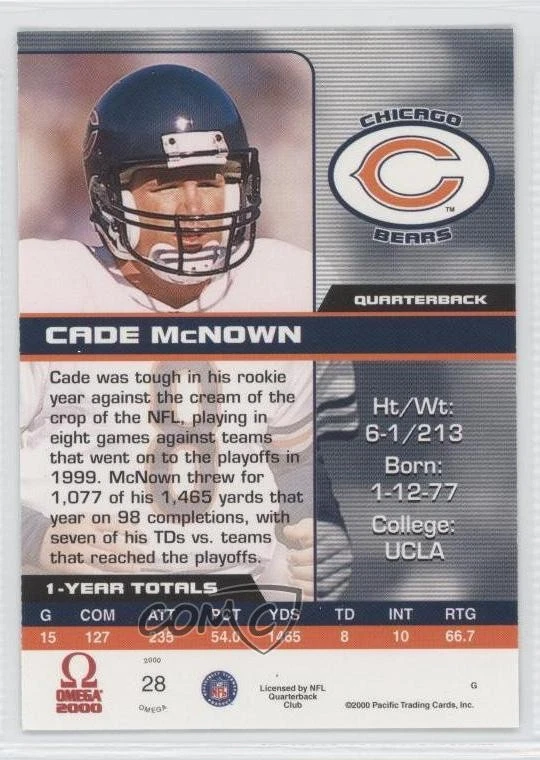 2000 Pacific Omega Platinum Blue Missing Serial Number Cade McNown #28 - Image 2 of 2