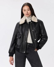 Quince Women's XL X Large 100% Leather Shearling Trim Aviator Jacket Black