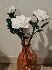 NEW 3 handmade French beaded Flowers rose Large medium Bud White roses