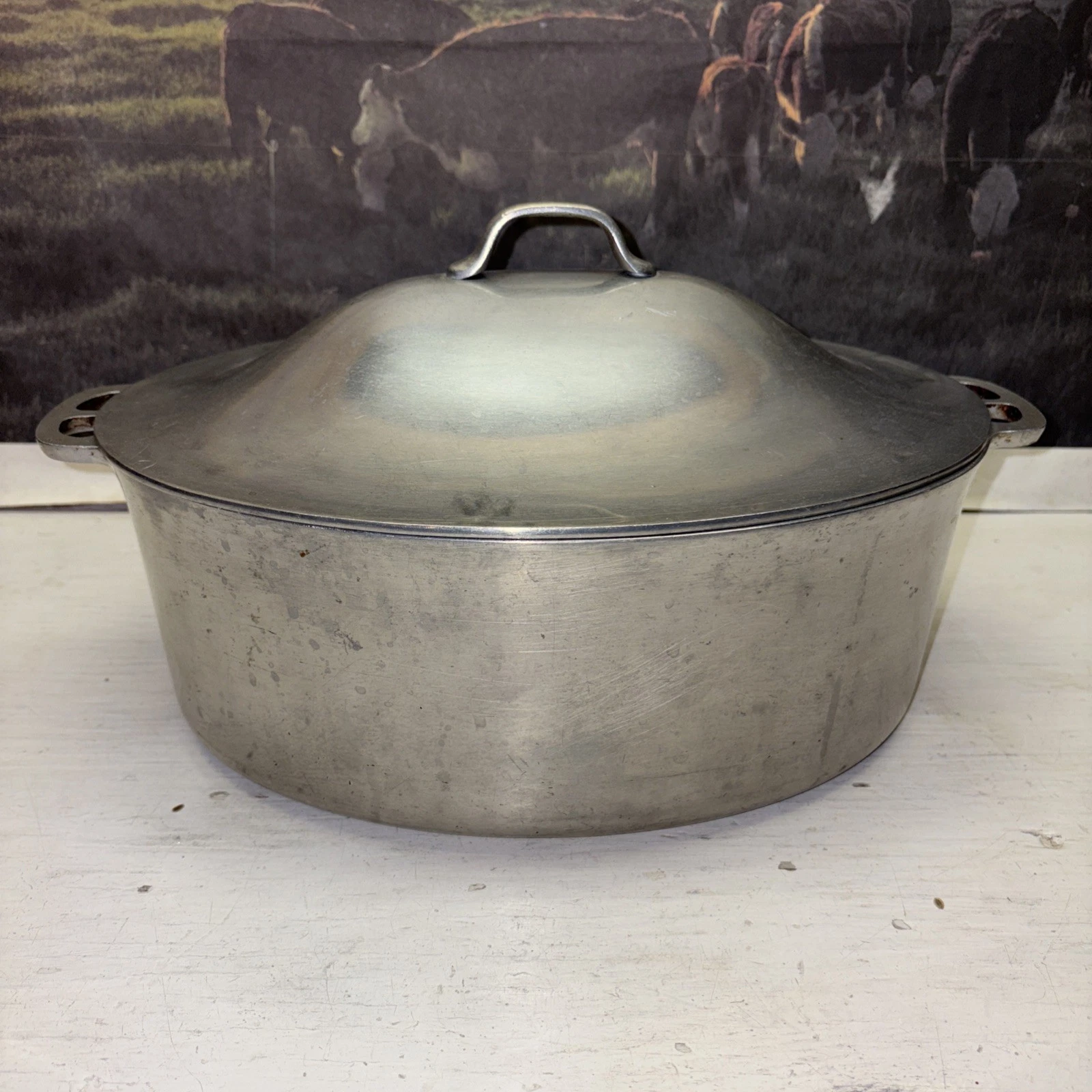 Vtg. Super Maid Cast Aluminum Dutch Oven Roaster Cookware Oval Lid Handles 12in.