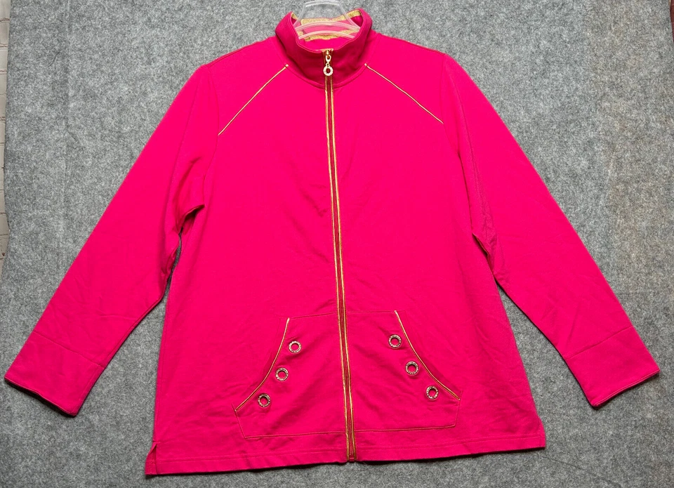 Chaqueta Quacker Factory Mujer 1X Oro Rosa Estrás Cremallera Cómoda Topper de Crucero Foto 4 de 4