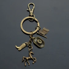 Cowboy Hat Boot Spur Horse Lucky USA Flag Bronze 4-Charm Keychain with Clip Gift