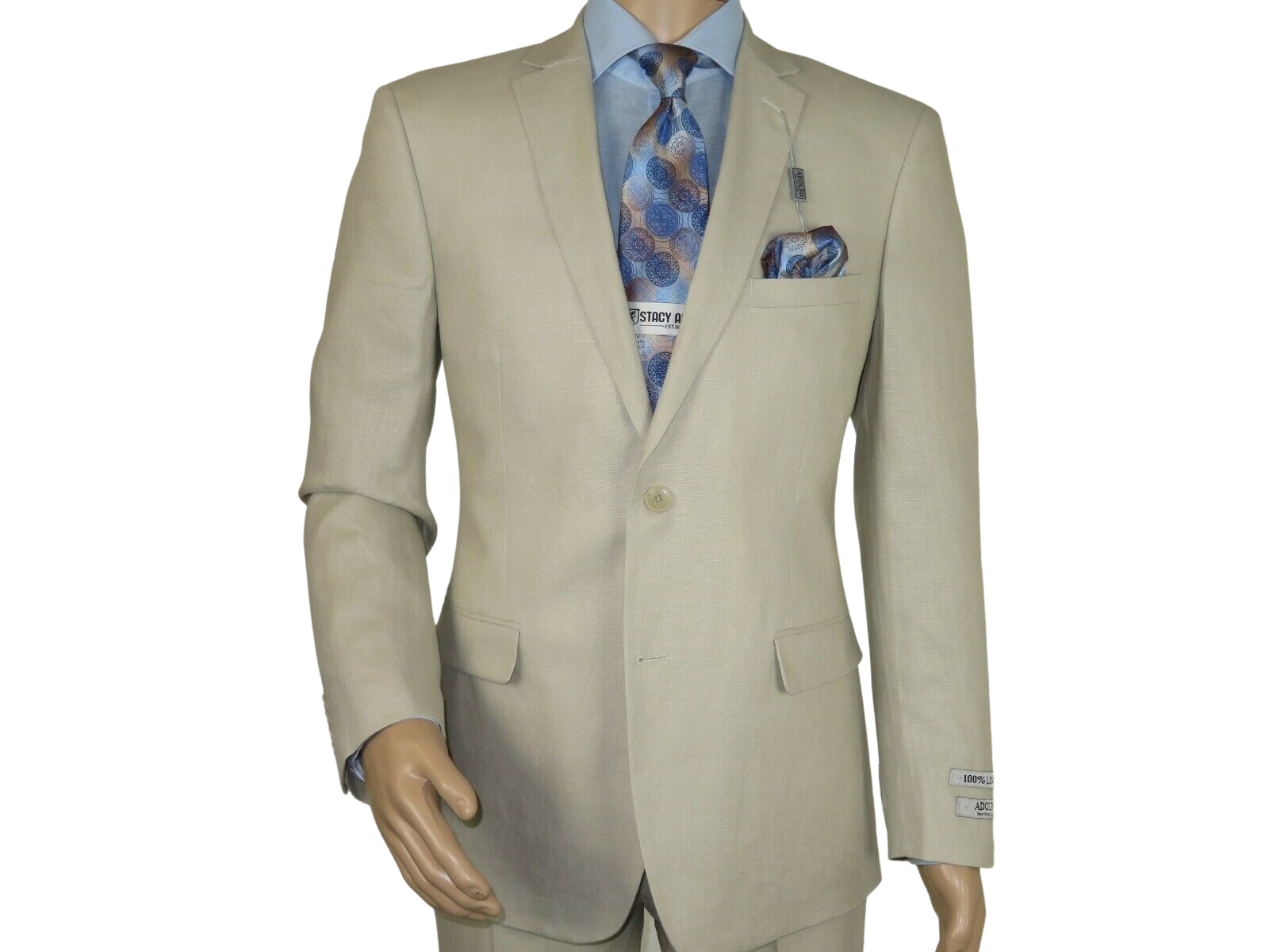 Adolfo Mens Tan Linen two button Suit Flat front trousers Notched lapel