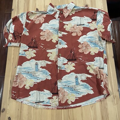 Paradise Blue Silk Blend Nautical Lighthouse Hawaiian Shirt Mens Size L