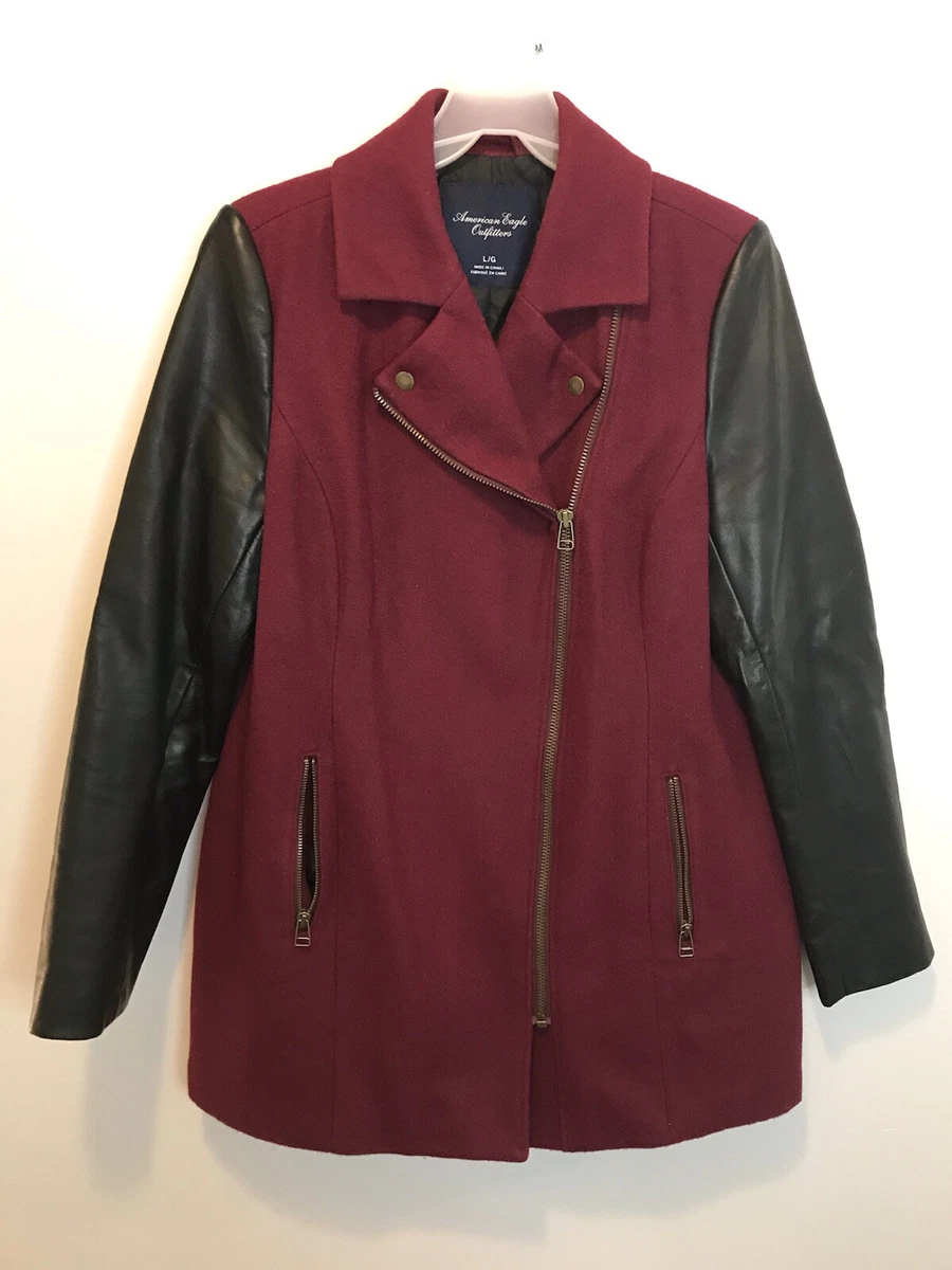 American Eagle Mixed Media Coat Size L, Red Wool/Black Faux Leather sleeves