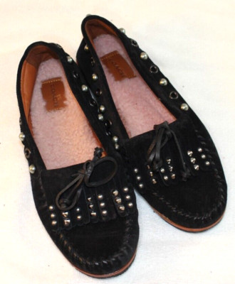 Coach Women s Black Suede Roccasin Studded Moccasins Fur Liner Size 7B G1210 EUC