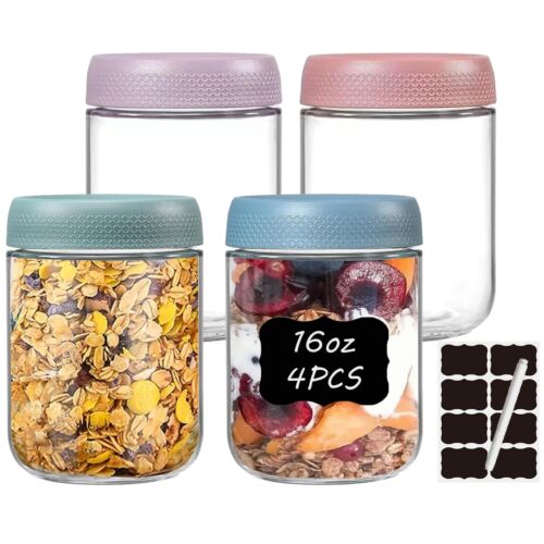 4 Pack 16oz Glass Jars with Lids Overnight Oats Snack Pudding Yogurt Container