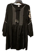 Cracker Barrel X-Large Flowy Black Dress/Tunic Pleated Embroidered Gold Detail