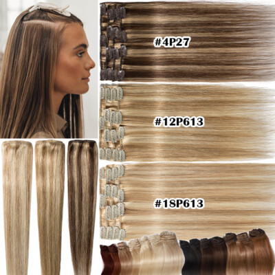 Clip In 100% Real Human Remy Hair Extensions Invisible Full Head Ombre Highlight
