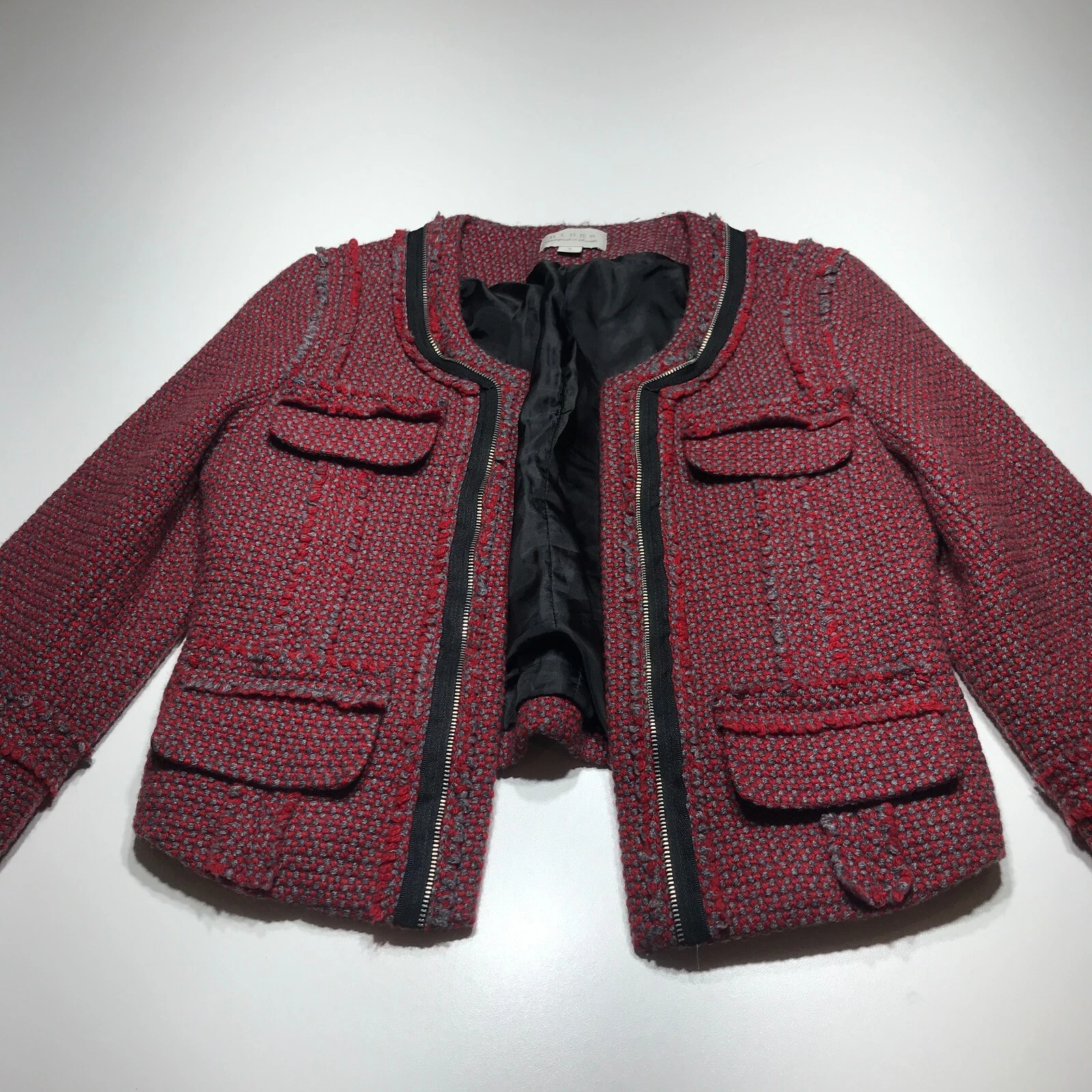 VETEMENTS Giacca Cerniera Donna Taglia M Rosso Grigio Zip Impreziosita Aperta Anteriore Tweed Misto Lana