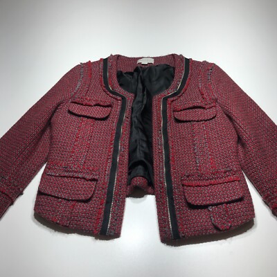 Hinge Jacket Womens Size M Red Gray Zip Embellished Open Front Tweed Wool Blend