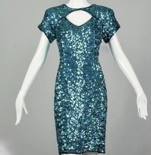 Blue Cocktail Party Dress Teal Sequin Short Sleeve Key Hole Bust VTG 80s Size 8