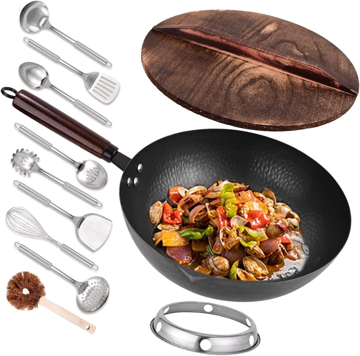 12.8" Carbon Steel Wok-11Pcs Woks & Stir Fry Pans Wok Pan W/ Lid No Chemical
