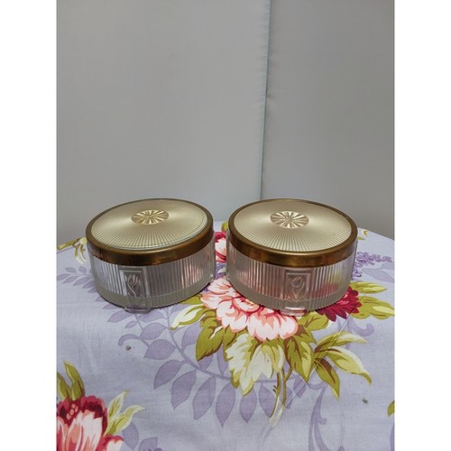 Pair Art Deco Dresser Powder boxes clear with metal lids floral sides