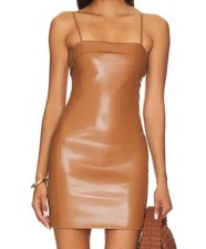 NWT! Alice + Olivia Kelly Vegan Leather Camel Square Bust Mini Dress Sz 8