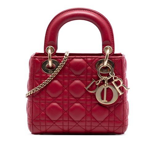 Dior Mini Lambskin Cannage Lady Pre-Loved Satchel Dark Red