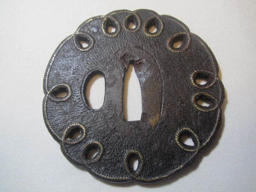 Excellent New-553 Iron Tsuba Heianjo Round Rope Inlay Diagram Good Tone - Picture 2 of 10
