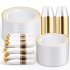 350Pcs Gold Plastic Plates for 50 Guests - Plastic Dinnerware Set, Includes 1...