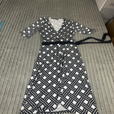 Monsoon Accessorize Wrap Dress Size 12 (10UK) Midi V Neck Tie Waist Black White