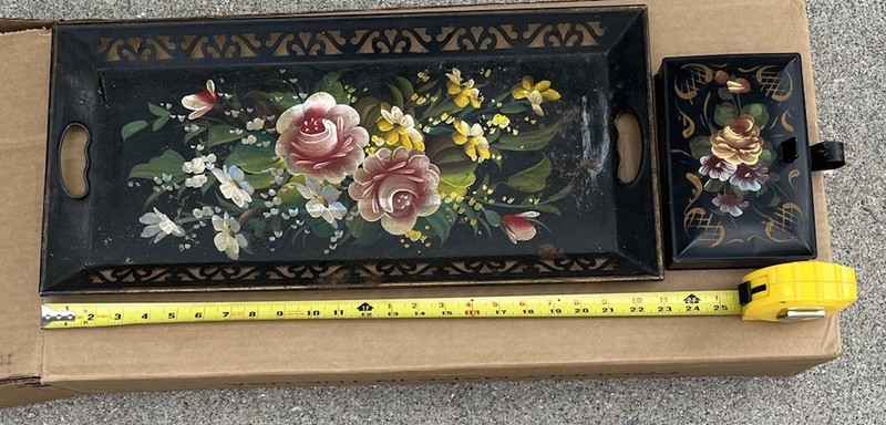 ANTIQUE TOLEWARE TRAY HAND-PAINTED FLOWER DECOWARE CRUMB BUTLER LOT