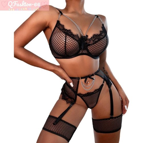 Sexy Women Lace Lingerie Bra G-String Set Fishnet Nightwear Babydoll Sleepwear - Picture 8 of 16