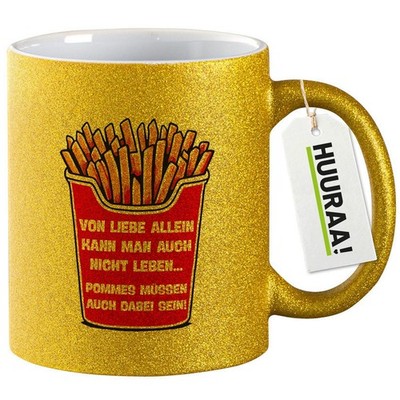 Glitzertasse Liebe allein nicht Pommes dabei Geschenkidee Liebe allein nicht Ges