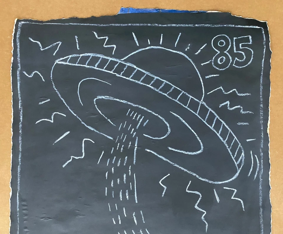 РЕДКИЙ рисунок большого мела в рамке Keith Haring NYC Subway 1980-е на черной бумаге - Изображение 4 из 4