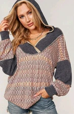 Sugarfox Chevron Hacci Women's Size XL Knit Two Tone Pullover Hoodie Sweater 