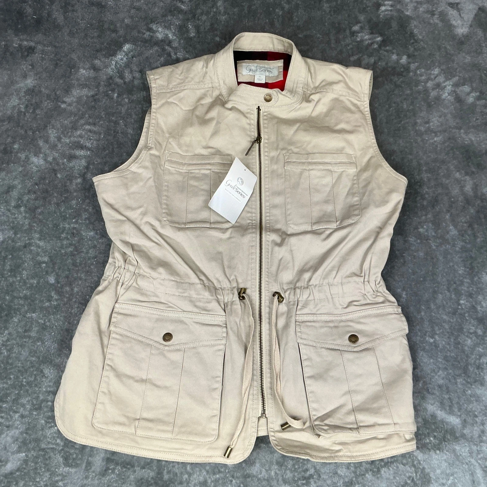Guide Series GS Explorer Traveler Vest Mens XL Beige Plaid Lined Utility Pockets