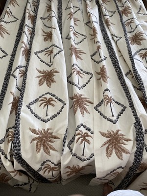 Custom Drapery Pinch Panels 102 L Tan Beige Black Palm Tree Lined Heavy Linen