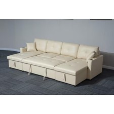U-Shaped 6 Seater Pull Out Leather Corner Sofa Bed With Storage And Cupholder UK