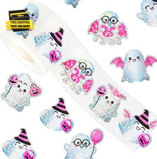 500Pcs Halloween Ghost Stickers Rolls 1.2In Glitter Pholographic Laser Ghost Wat