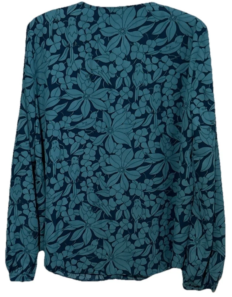 Blusa Camisa Top Marca Attention L Azul Estampado Floral y Pájaro Sedosa Con Botones Foto 3 de 4