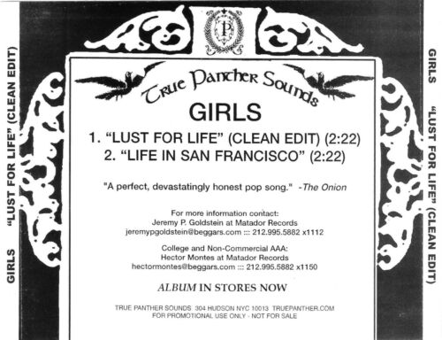 GIRLS Lust For Life + San Francisco ALT. 2009 Promo USA CD Single True Panther - Afbeelding 1 van 2