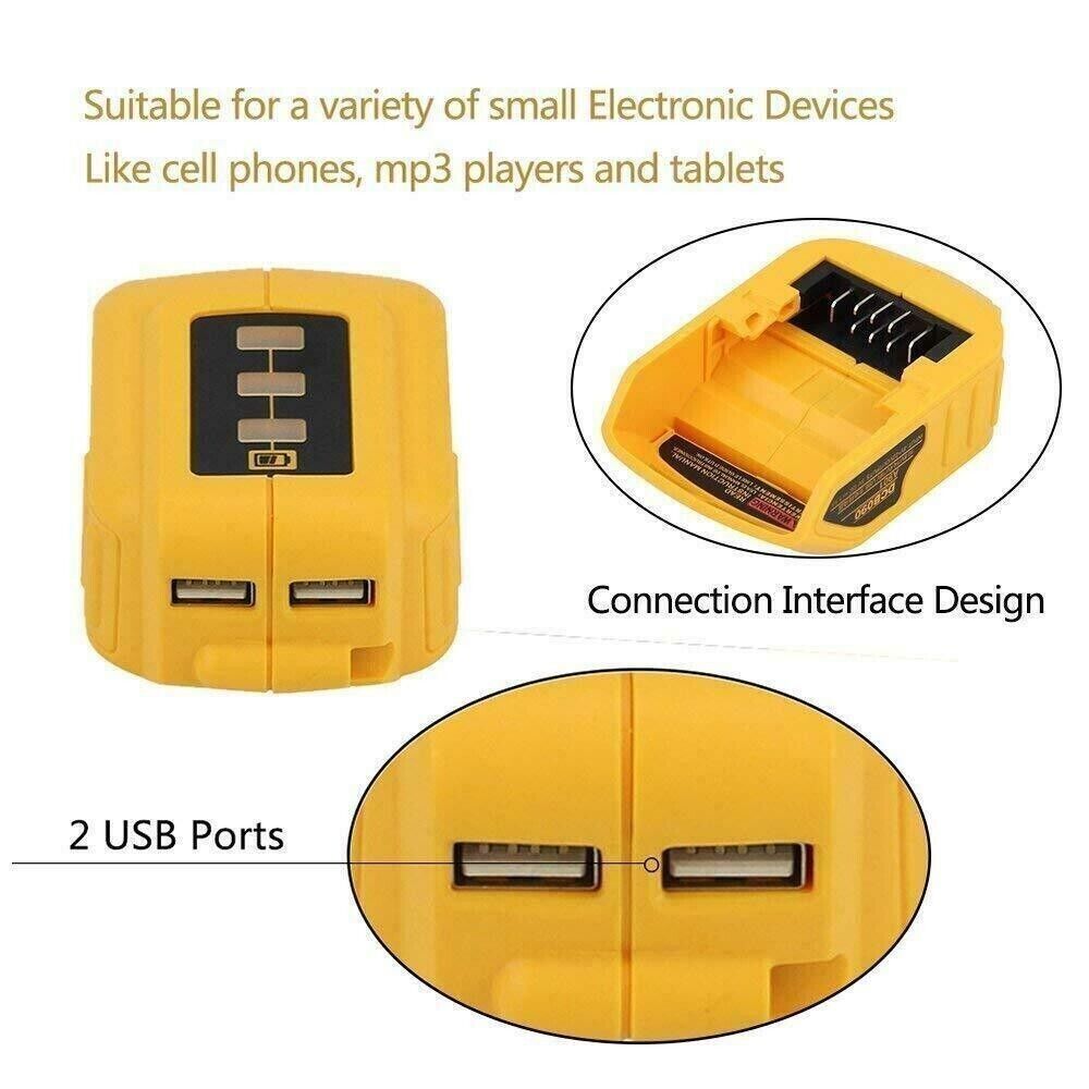 DCB090 Dual USB Charger Adapter For DeWalt 12V-20V Li-ion Battey Power Source