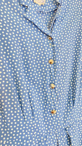 Vintage 1940s blue polka dot dress, white short sleeve peplum rayon midi 38 M L - Picture 5 of 15