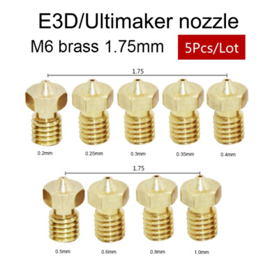 5 PCS 3D Printer Extruder Nozzle E3D J-head E3DV6 1.75mm Filament Brass 9 Size