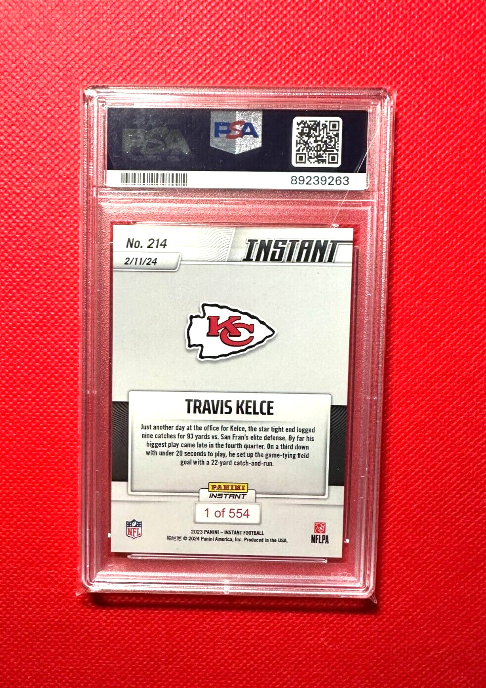 Chiefs 3RD SUPER BOWL TRAVIS KELCE PSA 9 2023 Panini INSTANT NFL LOW POP #214 view 2