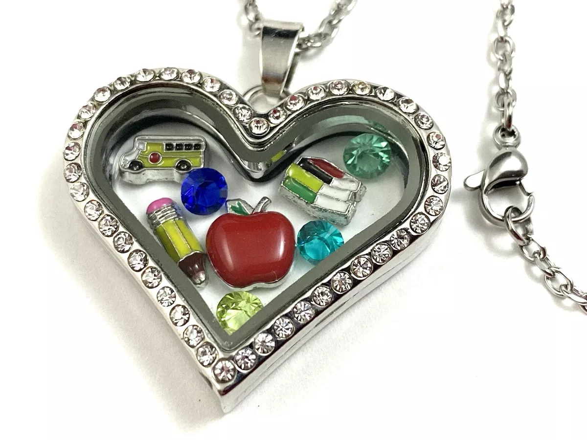 Teacher Gift Glass Locket Necklace Floating Charms Pendant Apple Book  School Bus