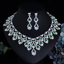 Charming Drop Tennis Wedding Necklace Earrings Engagement CZ Green Jewelry Set